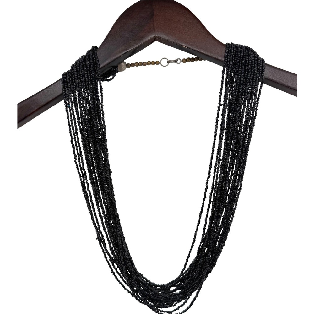 Vintage Multi Strand Black Seed Bead Waterfall Statement Necklace Hook Clasp